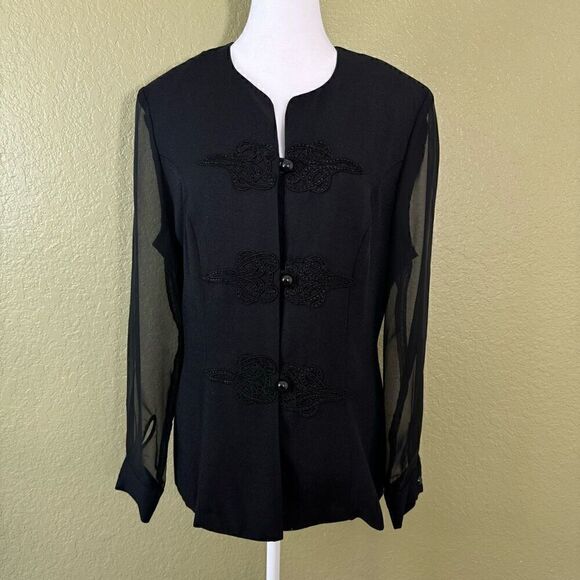 Vintage Women's 10 Embroidered Button Blouse Black Sheer Sleeves Goth Victorian - Picture 1 of 7